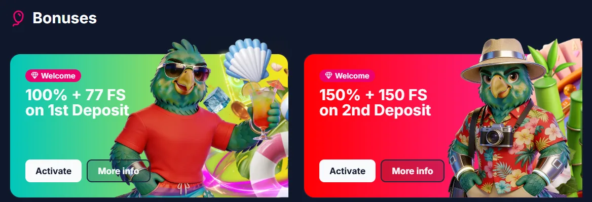 Bónus de boas-vindas do Lukkly: 100% + 77 rodadas no 1.º depósito e 150% + 150 no 2.º